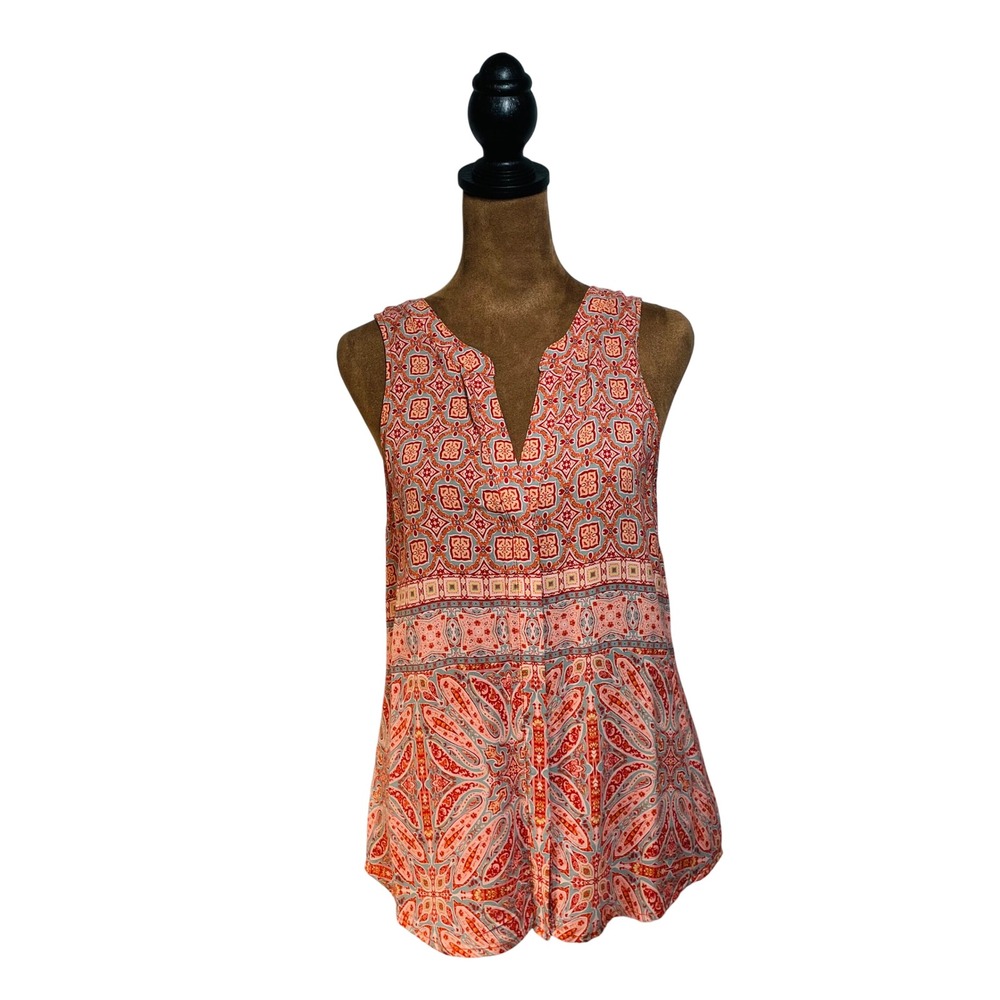 Sanctuary Womens S Boho Coral Paisley Geometric Split Back Sleeveless Top Gypsy